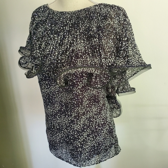 Badgley Mischka Navy Flouncy Mesh Ruffle Sequin Pleated Silk Top - Picture 4 of 11